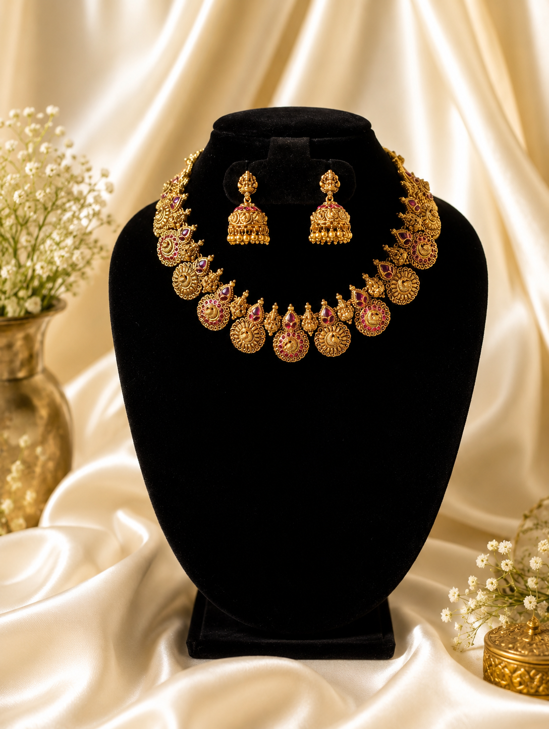 A classic South Indian style temple choker necklace and matching jhumka earrings embellished with red ruby stones, displayed on a black velvet mannequin bust against champagne silk.