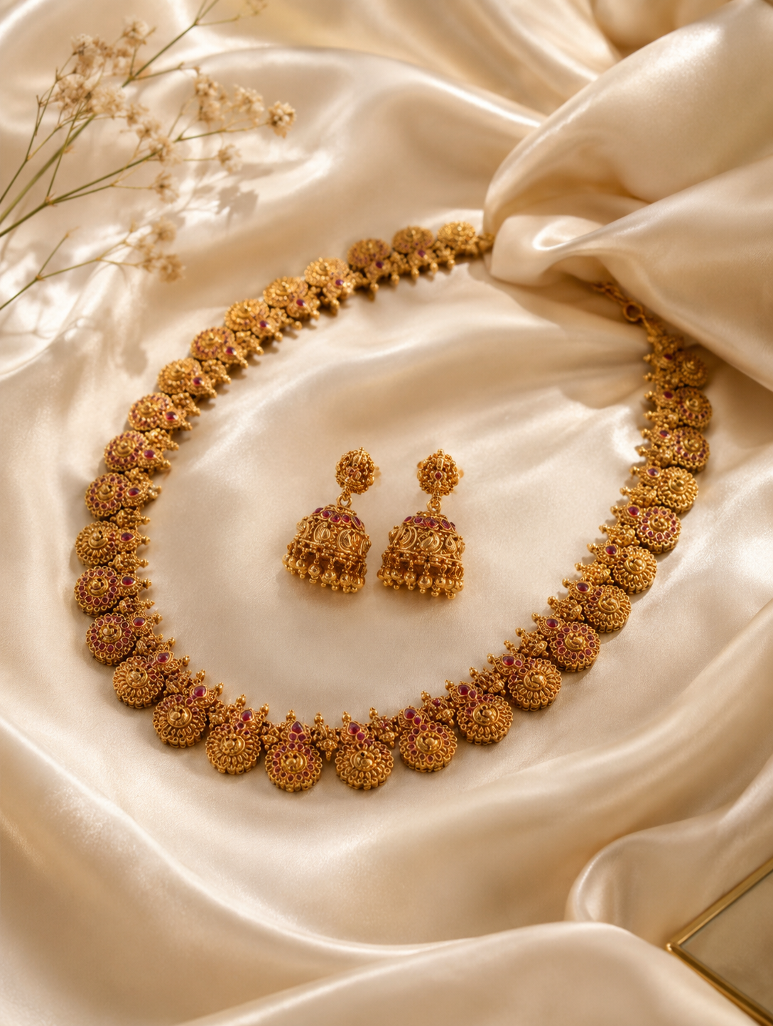An antique gold-toned temple jewelry set featuring a long haram necklace made of continuous circular floral motifs accented with rubies, paired with matching hanging jhumkas on a black display bust.