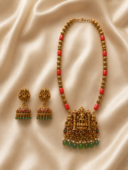 Manasa Antique Gold Temple Pendant Necklace with Coral & Emerald Beads