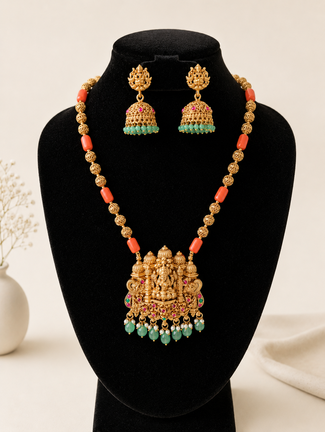 A South Indian antique gold temple necklace featuring a large Lakshmi deity pendant and matching jhumka earrings accented with smooth red coral stones, small pearls, and mint green beads, shown on a black display bust.