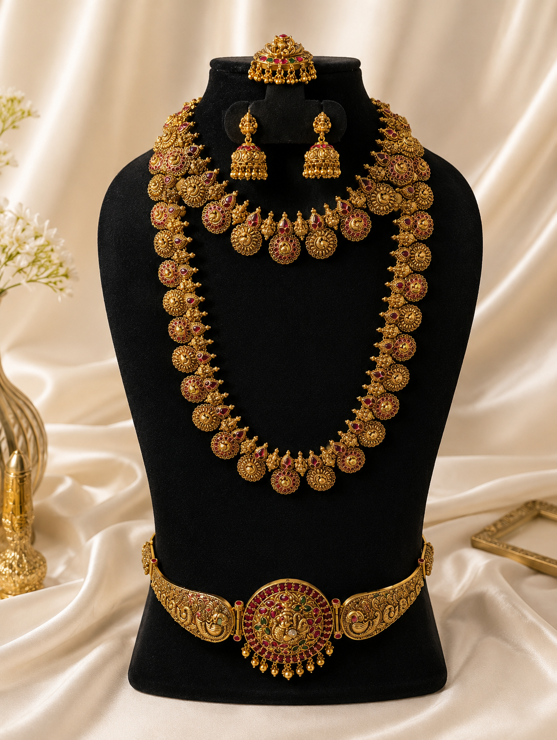 A full traditional South Indian temple bridal jewelry set displayed on a mannequin, featuring a short choker, a long medallion necklace, jhumkas, a tikka, and a matching gold waist chain adorned with kemp rubies.