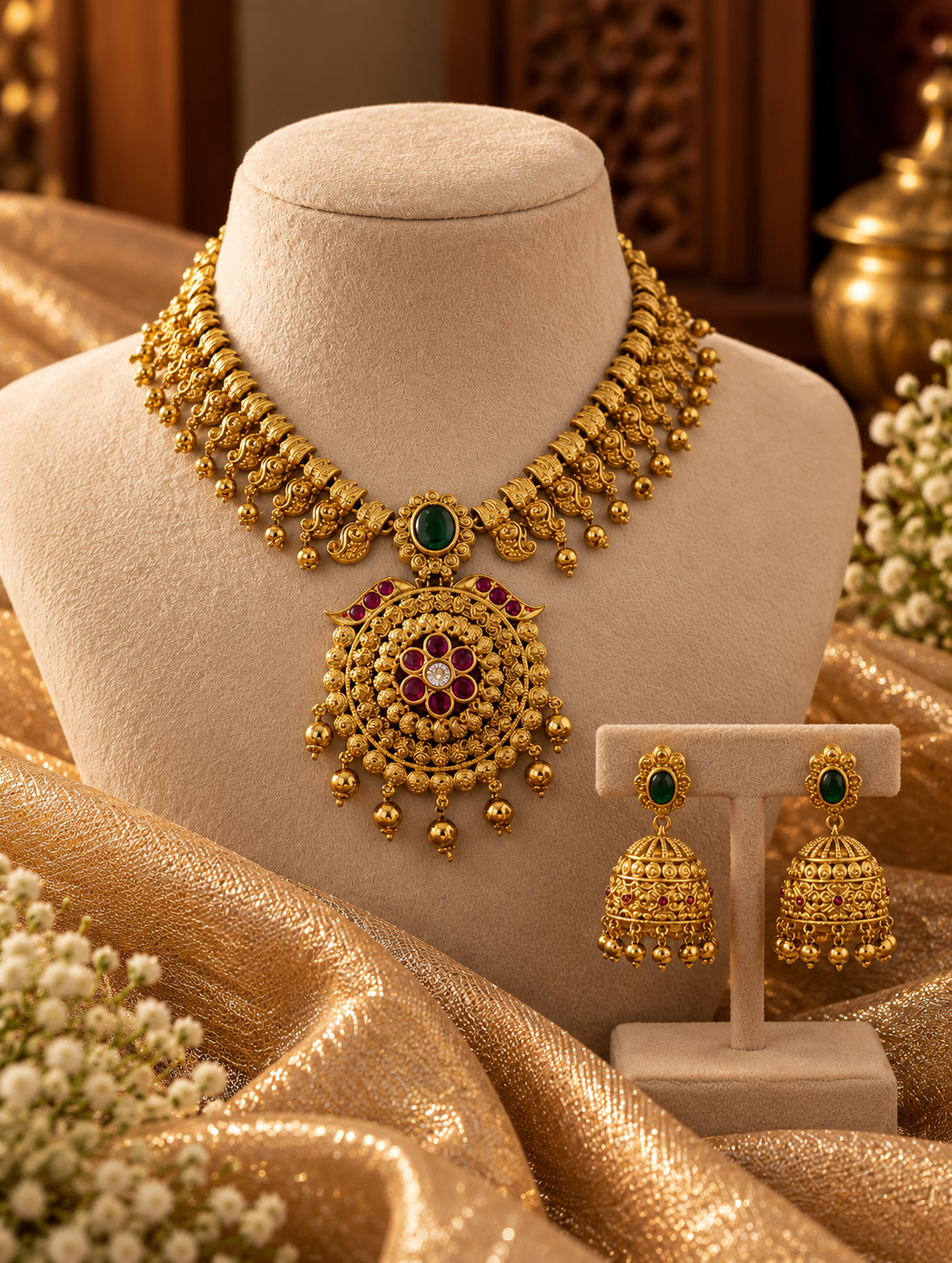 Antique Gold-Plated Temple Necklace Set with Floral Medallion Pendant & Jhumkas