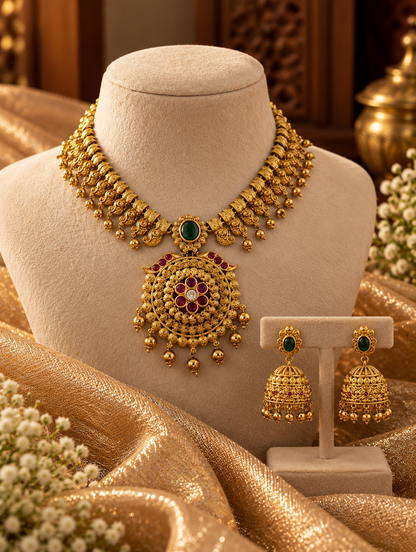 Antique Gold-Plated Temple Necklace Set with Floral Medallion Pendant & Jhumkas