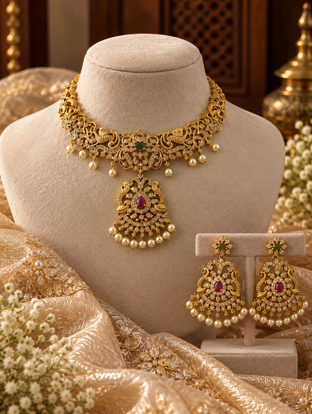 Antique Gold Peacock Choker Necklace Set with Ruby, Emerald & Pearl Drops