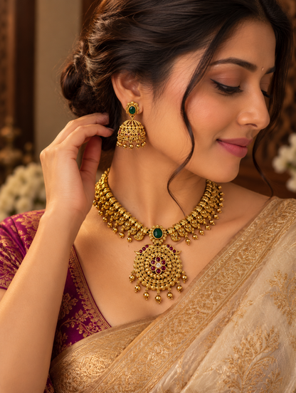 A woman wearing an ornate gold-toned traditional necklace with a large pendant and matching dangling earrings, styled with a purple embroidered blouse and beige saree in a warm indoor setting.