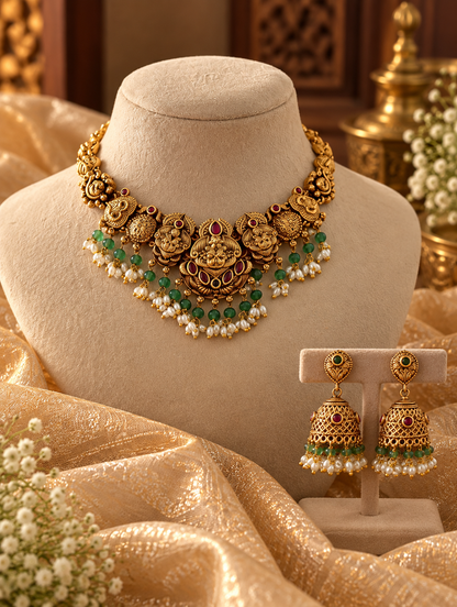An ornate gold-toned traditional jewelry set displayed on a beige mannequin bust, including a statement necklace with carved motifs, green stones, and dangling pearl-like beads, plus matching earrings on a small stand. The set is styled with draped gold fabric and floral props.