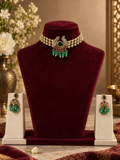 A gold-toned traditional Indian jewelry set displayed on a dark red velvet mannequin bust, featuring a pearl choker necklace with a central peacock motif and matching drop earrings on cream-colored display stands.