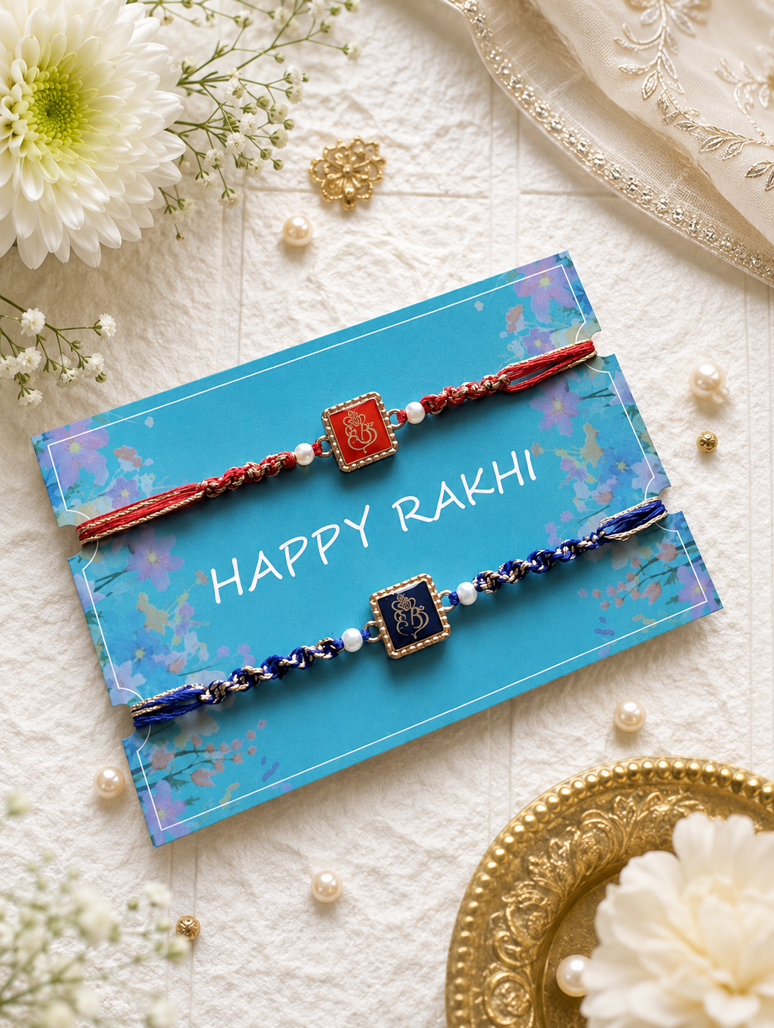 Set of two designer Rakhis—one in red enamel with a gold Lord Ganesha motif and one in royal blue enamel with a monogram, featuring pearl accents and braided threads on a blue "Happy Rakhi" card.