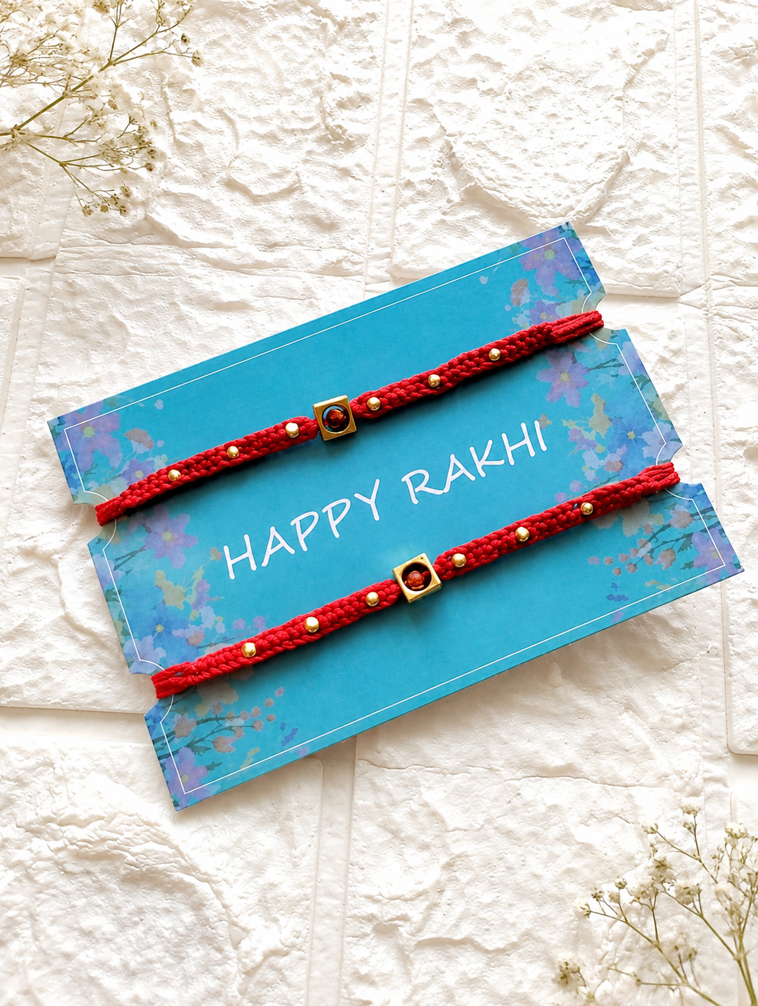 Handcrafted Rudraksha Rakhi Set of 2 – Braided Red Thread Rakhi with Golden Beads for Brother