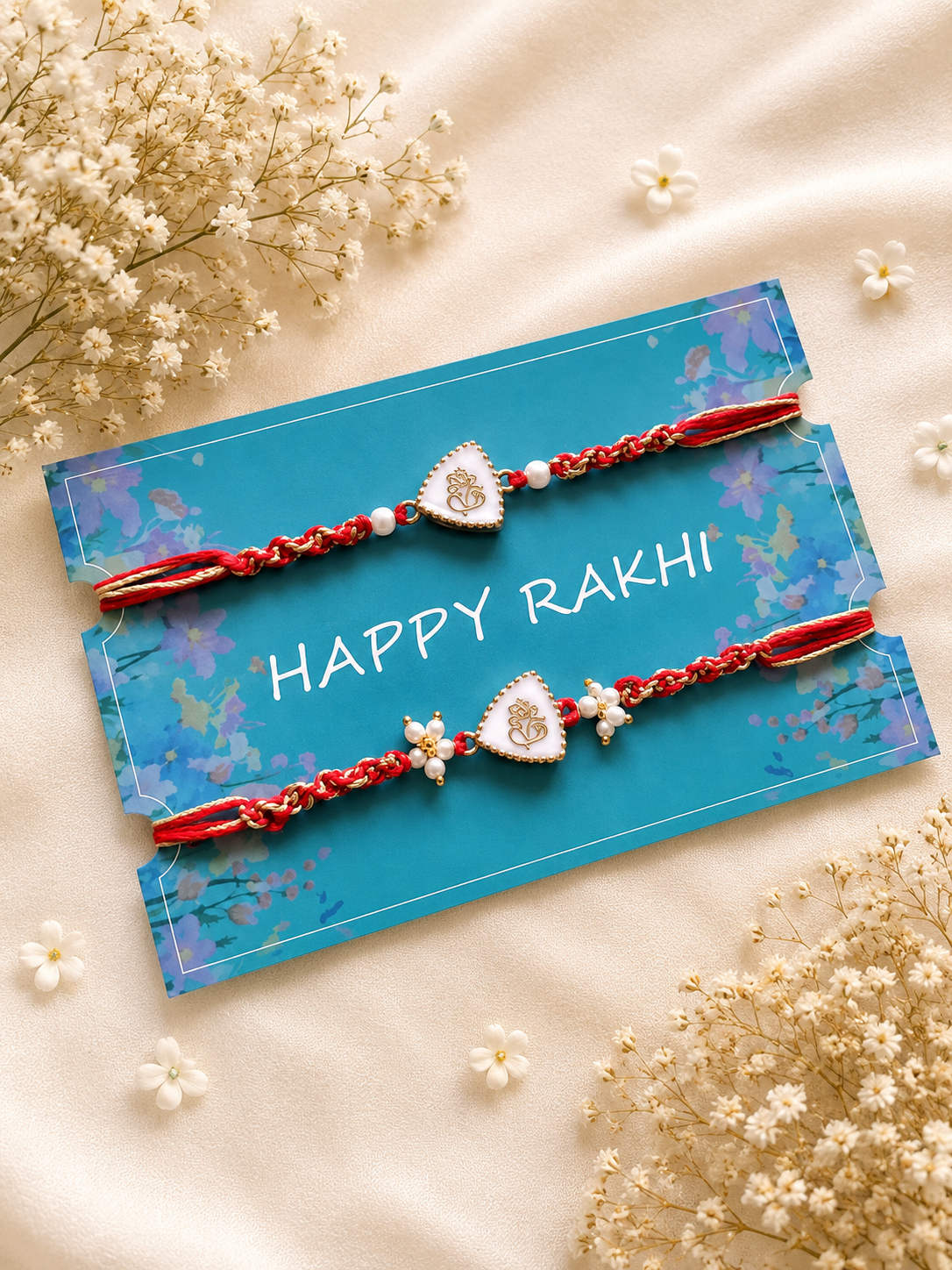 Two handcrafted designer Rakhis featuring triangular white charms with gold Ganesha icons, pearl accents, and braided red threads displayed on a blue card.