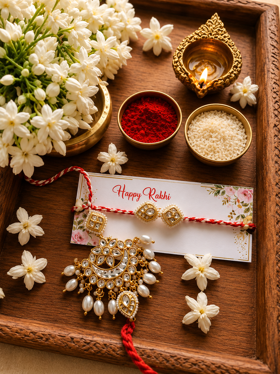 Premium Bhaiya Bhabhi Rakhi set featuring a large gold Kundan Lumba bracelet adorned with hanging white pearls next to a matching Kundan thread Rakhi.