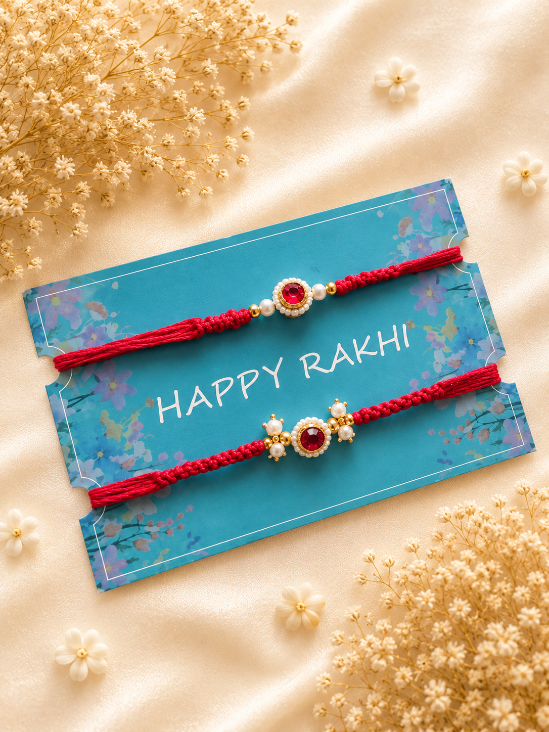 Two handcrafted designer Rakhis featuring round ruby red center stones bordered by white pearls, accented with gold beads, on braided crimson red threads.