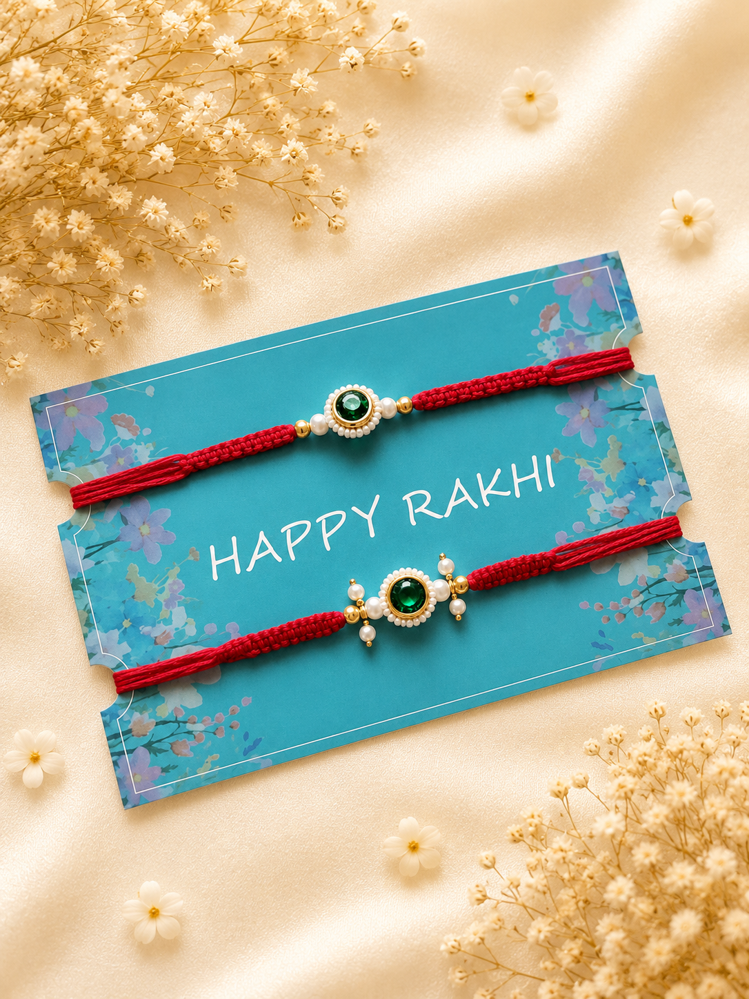 Two handcrafted designer Rakhis featuring round emerald green center stones bordered by white pearls, accented with gold beads, on braided red threads.