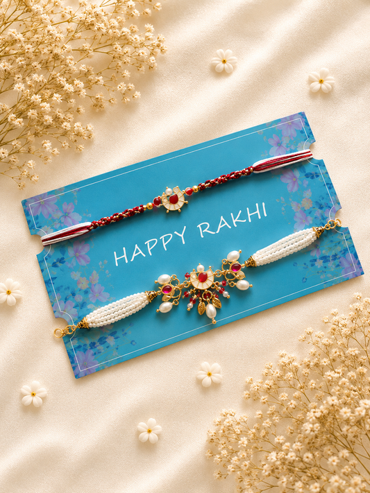 Handcrafted Pearl Lumba and Rakhi Set for Bhaiya Bhabhi (set of 2) | Pair rakhi