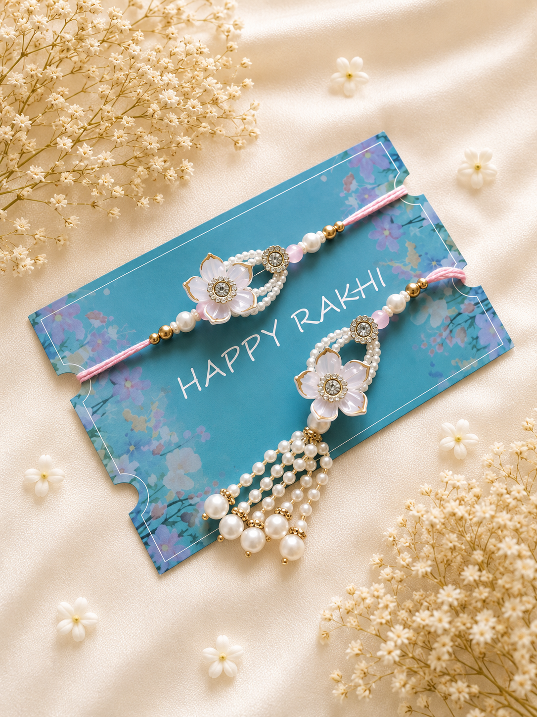 Handcrafted Bhaiya Bhabhi Rakhi set featuring a multi-strand white pearl Lumba bracelet with a floral charm and tassel next to a matching flower thread Rakhi.