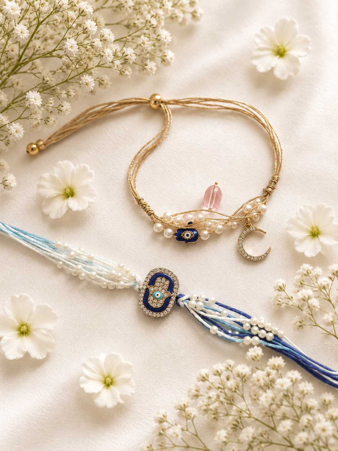 Handcrafted Bhaiya Bhabhi Rakhi set featuring a gold-toned Evil Eye Lumba bracelet with a crescent moon charm beside a matching blue and white pearl thread Rakhi.