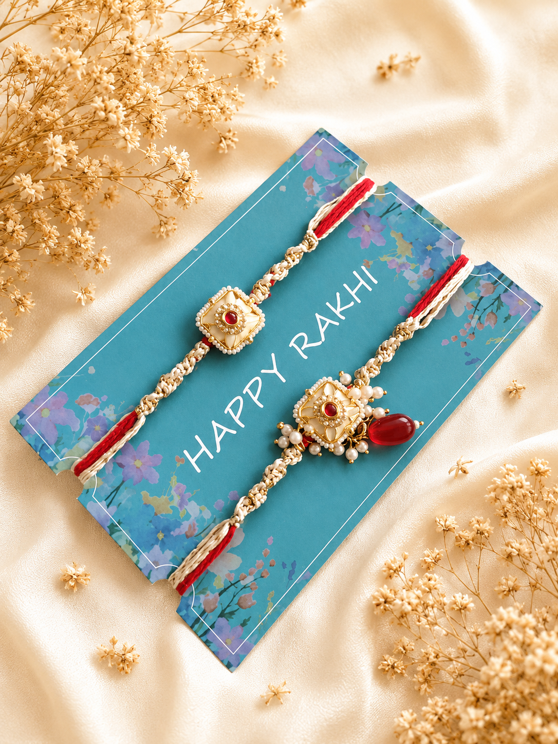 Two handcrafted designer Rakhis featuring square ivory Meenakari charms with red centerstones, pearl accents, and braided cream and red threads on a blue card.