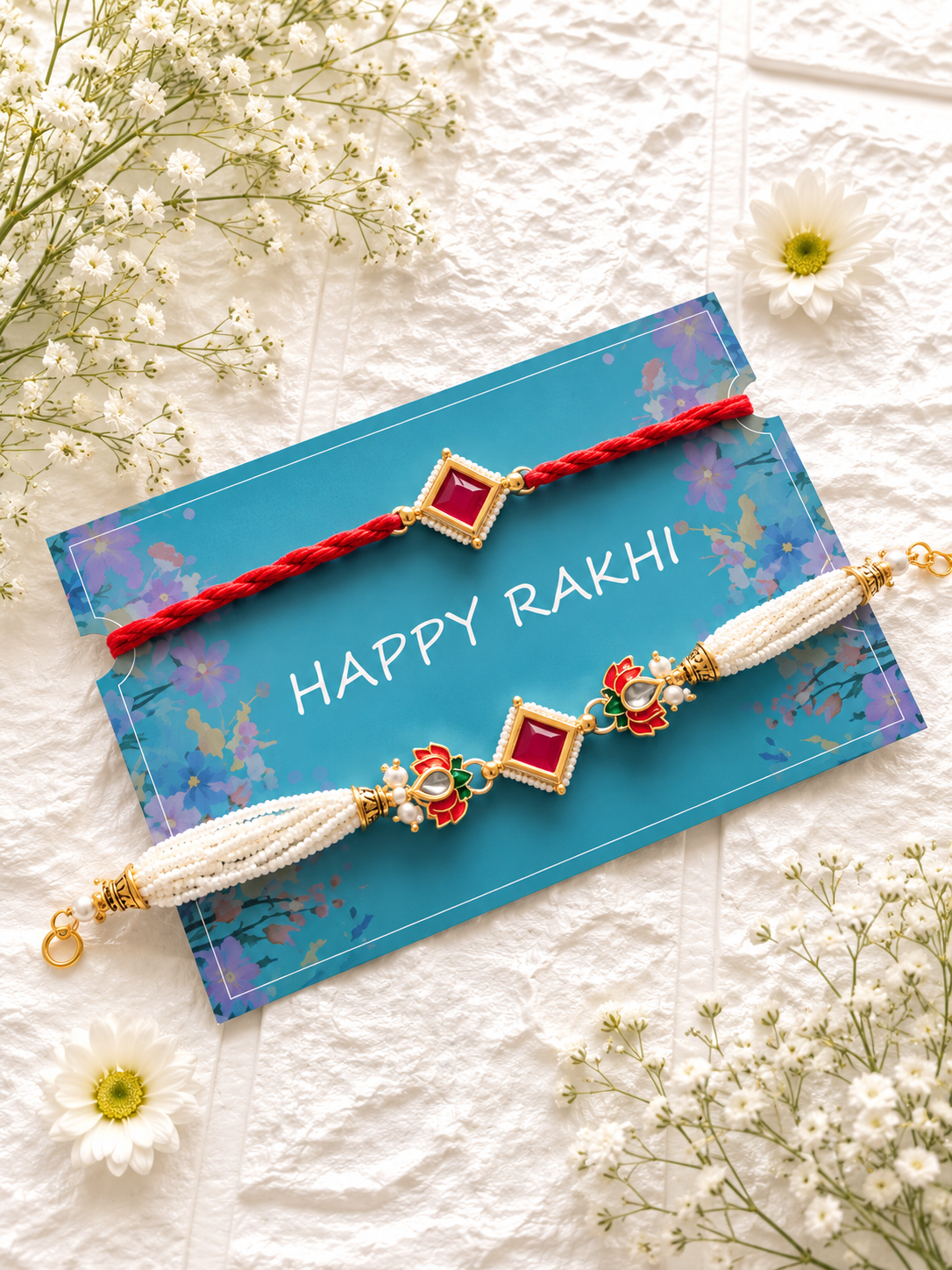 Handcrafted Bhaiya Bhabhi Rakhi set featuring a multi-strand white pearl Lumba bracelet with a square red stone center and red lotuses next to a thread Rakhi.