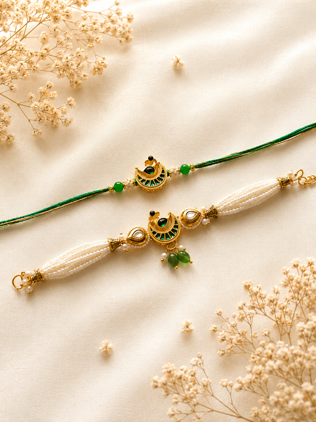 Handcrafted Bhaiya Bhabhi Rakhi set featuring a multi-strand white pearl Lumba bracelet and a matching sleek green thread Rakhi with gold and emerald green peacock centerpieces.