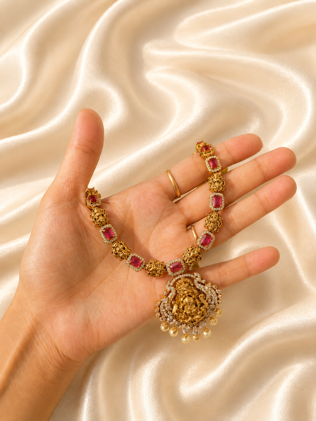 Mahalakshmi Matte Gold Lakshmi Temple Pendant Necklace