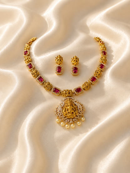 Mahalakshmi Matte Gold Lakshmi Temple Pendant Necklace