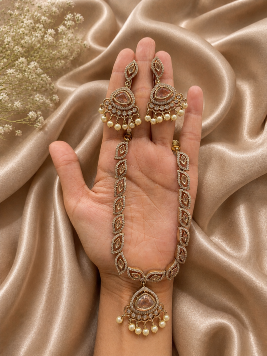 Lola Victorian Antique Finish Uncut Stone Necklace Set with Pearl Drops