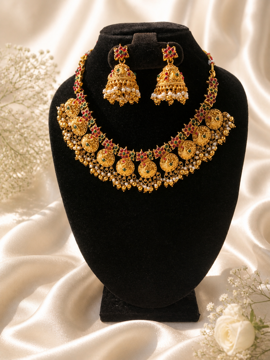 Vimala Antique Gold Kasu Mala Coin Necklace Set