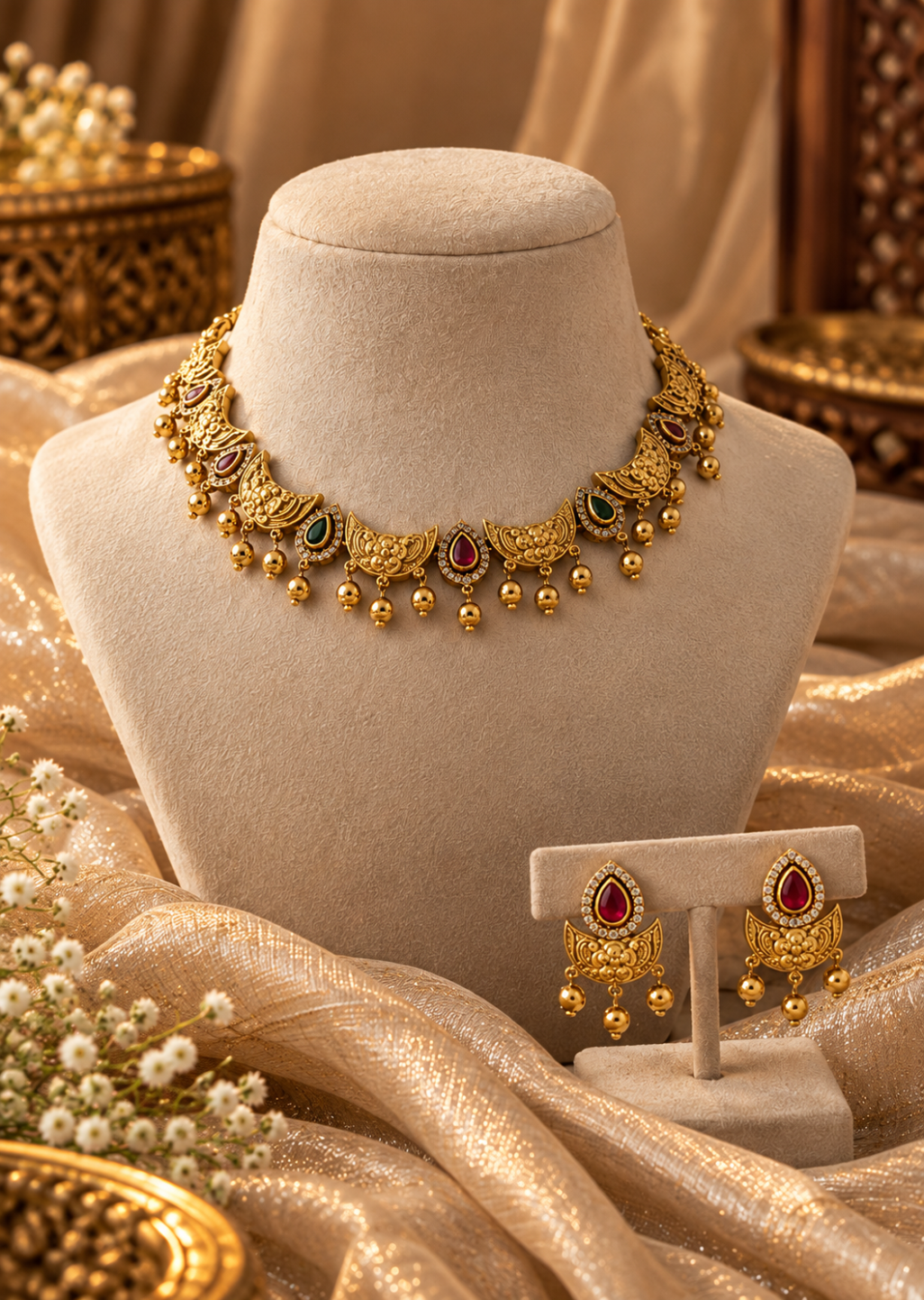 Gold-toned traditional Indian jewelry set displayed on a beige velvet mannequin bust, including a choker necklace with red and green stones and matching drop earrings on a small stand, surrounded by draped gold fabric and decorative floral elements.